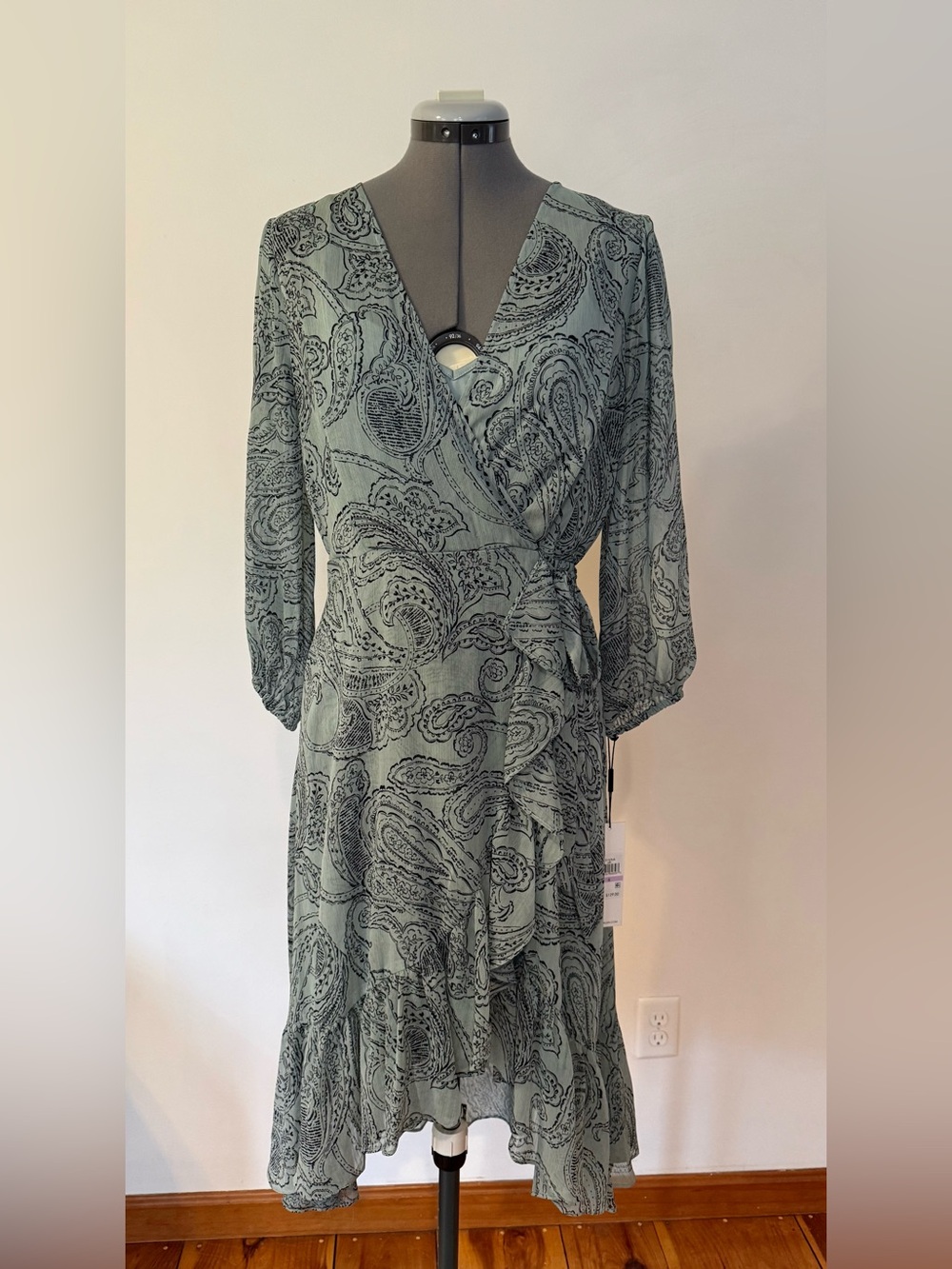 Calvin Klein Sage Green Paisley Wrap Midi Dress